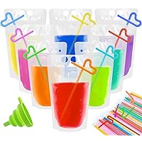 200 Pcs Drink Pouches, Reusable Plastic Juice Pouches for Adults Stand-up Smoothie Drink Pouches for Adults with Straw Funnel for Cool Summer Party, Cold Hot Drinks