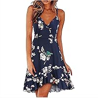 Womens Summer Floral Tie Dye Wrap V Neck Adjustable Spaghetti Straps Casual Ruffle Dress Irregular High Low Hem Sundress