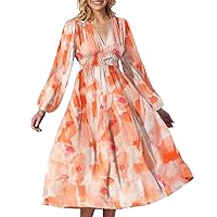 Ladies Boho Spring and Autumn Deep V Ceck Elastic High Waist Casual Long Sleeve Midi Dress Floral Print Loose Dresses