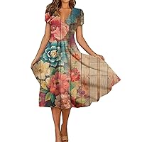 Womens Dresses Summer 2024 Summer Casual Dresses,Short Sleeve Swing Sundress Floral Print T-Shirt Dress
