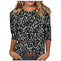 Womens Tops 3/4 Sleeve Crewneck Cute Shirts Casual Print Trendy Tops Three Quarter Length T Shirt Spring Pullover
