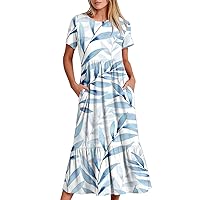 Juniors Loose Fit Crewneck Dress for Women Short Sleeve Maxi Long Beach Hawaiian Ruched Fall Summer 2024