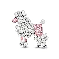 Bling Jewelry Fashion Statement Crystal White Simulated Pearl Pink Dog Poodle Brooch Pin for Women for Teen Rhodium Plated