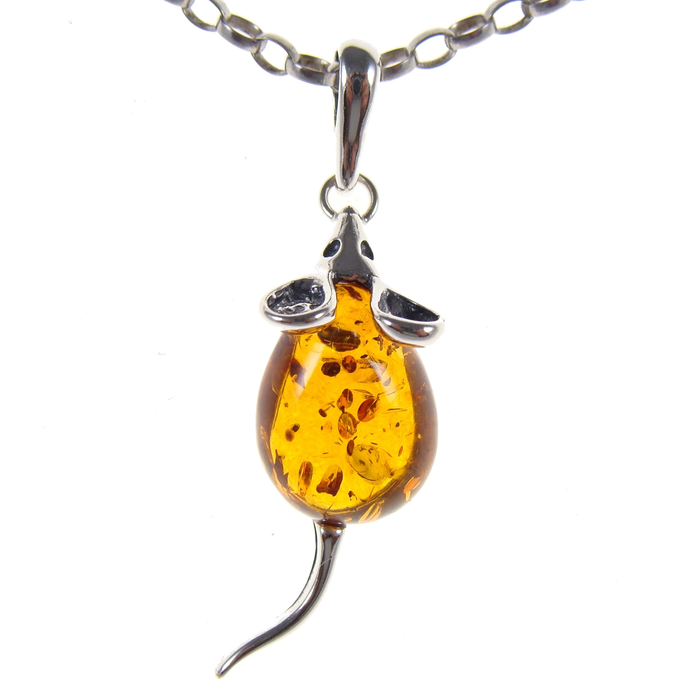 BALTIC AMBER AND STERLING SILVER 925 MOUSE PENDANT NECKLACE - 14 16 18 20 22 24 26 28 30 32 34