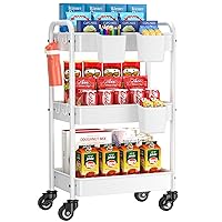 3 Tier White Rolling Cart, YASONIC Metal Utility Cart on Wheels with 3 Hanging Cups and 4 Hooks - Upgraded Mesh Rolling Storage Cart Organizer, Easy Assembly for Kitchen, Bathroom, Laundry, Grocery