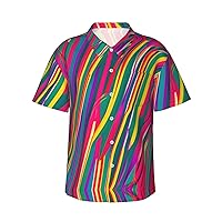 Rainbow Lines Men's Casual Button-Down Hawaiian Shirts â€“ Funky Tropical Summer Outfits â€“ Retro Printed Beach Wear for Men