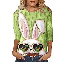 SNKSDGM Women Happy Easter T Shirt 3/4 Sleeve Blouse Cute Bunny Ears Print Graphic Tees Crewneck Holiday Casual Shirts