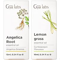 Angelica Root Oil for Uplifts Moods & Lemongrass Essential Oil for Diffuser Set - 100% Pure Therapeutic Grade Essential Oils Set - 2x10ml - Gya Labs