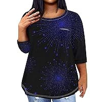Women's Summer Tops Plus Size Plus Size Tops for Women 2024 Sparkly Casual Fashion Loose Fit Trendy with 3/4 Length Sleeve Round Neck Shirts Royal Blue 3X-Large