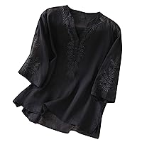 Cotton Linen Tops for Women 3/4 Sleeve Embroidery Blouses Casual Tunic Shirt