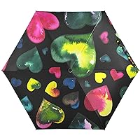 Tie Dye Watercolor Heart Folding Umbrella for Rain Sun Travel Mini Lightweight Compact Umbrellas