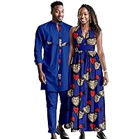 Africa Couples Men's Short Sleeve Top Pants Women's Patchwork Dress Ankara Fabric Chest Split Neckline