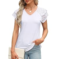 Womens Tops Summer Lace Ruffle Short Sleeve V Neck T Shirts Loose Fit Fashion 2024 S-3XL
