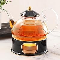 DUJUST Blooming Tea Pot Set, Luxury British Design with Relief Decor & Gold Trims, Hand-Crafted Clear Teapot with Warmer, 40oz Glass Teapot with Infuser, Stove-Safe Tea Party Gift & Home - Black