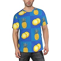 Men's Pineapple Blue Checkered Short Sleeve T-Shirts, Graphic Tee