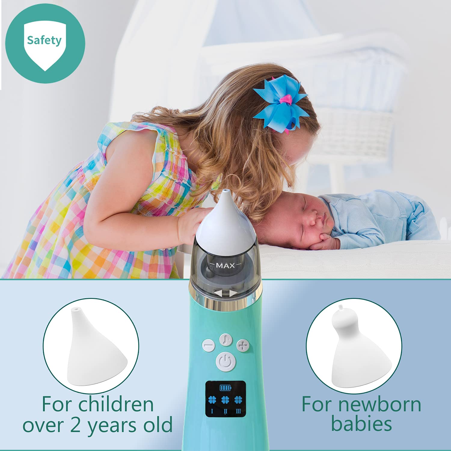 Baby Nasal Aspirator, Holnkme Electric Nose Suction with 4 Silicone Nose Tips for Infants with 3 Levels of Suction&Music Soothing Function Rechargeable Portable for Newborns and Toddlers