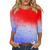 Womens 3/4 Length Sleeve Summer Tops Patriotic 4Th of July Shirts Casual Crew Neck Blouses Flag Printed Graphic Tees