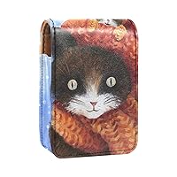 Oil Painting Cat Lipstick Case With Mirror Lip Gloss Holder Portable Lipstick Storage Box Travel Makeup Bag Mini Leather Cosmetic Pouch Holds 3 Lipstick