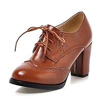 Women's Chunky Block Heels Oxfords Vintage Wingtip Brogues Round Toe Lace-up Pumps High Heeled Booties Dress Shoes