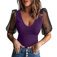 Long Sleeve Shirts for Women Cropped Set Women's Spring and Summer Mesh Splicing Top U Neck Pullover Sexy Soli