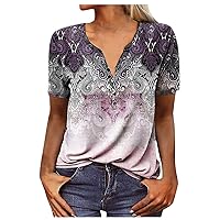 Women's T Shirts Fashion Casual V-Neck Short Seeve Ethnic Printing Button Loose Top Dressy Tops
