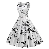 XJYIOEWT Wedding Guest Dresses for Women Spring,Women's Vintage V Neck Sexy Print Cocktail Dress Sleeveless Dinner Forma