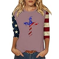 Women's 3/4 Sleeve Tee Loose Independence Day Print Comfy Shirt Round Neck Tshirt Daily Plus Size Tops Dressy Blouse