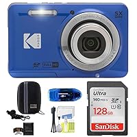 KODAK Pixpro FZ55 Digital Camera Bundle, Includes: SanDisk 128GB Memory Card, Hard Shell Camera Case, SD Card Reader and More (6 Items) (Blue)