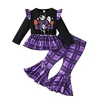 ACSUSS Baby Toddler Girls Ghost Pumpkin Peplum Shirt with Plaid Flared Pants Set Halloween Fall Outfit