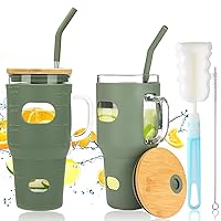 Moretoes 2pcs 32oz Glass Tumbler with Straw and Lid, Glass Water Bottles with Bamboo Lids and Straws and Silicone Sleeve, Reusable Boba Bottle for Cold Brew (Olive Green)