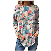 Womens Fall Fashion 2023 Floral Printing Crew Neck Top Long Sleeve Shirts Hide Belly Pullovers Casual Cute Shirt