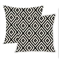 Set of 2 Throw Pillow Covers Square Ikat Diamond Pattern in Black and Cream Cushion Cases Home Office Sofa Hidden Zipper Pillowcase 24x24 Inches