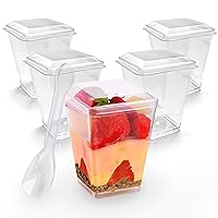 5oz Plastic Dessert Cups with Lids & Spoons - 50 Pack - Clear - Classic Style - Scratch Resistant - Square Shaped - Ideal for Social Events