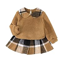 3-7T Kids Girl Skirt Outfit Long Sleeve Fleece Sweater Plaid Skirt Fall Winter Clothes Melon Refined Gentle Dresses