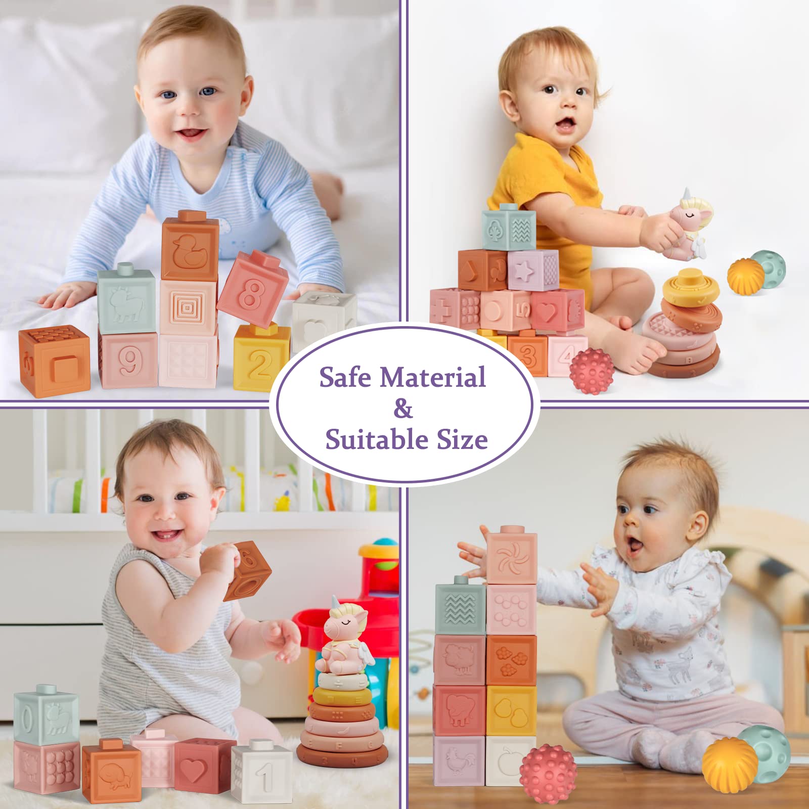 IFLOVE Baby Toys 6 to 12 Months,Montessori Toys for Infant,3 in 1 Soft Stacking Building Blocks Rings Balls Sets with Unicorn Toy,Toddlers Sensory Learning Teething Shower Gifts for 6 12 18 Months