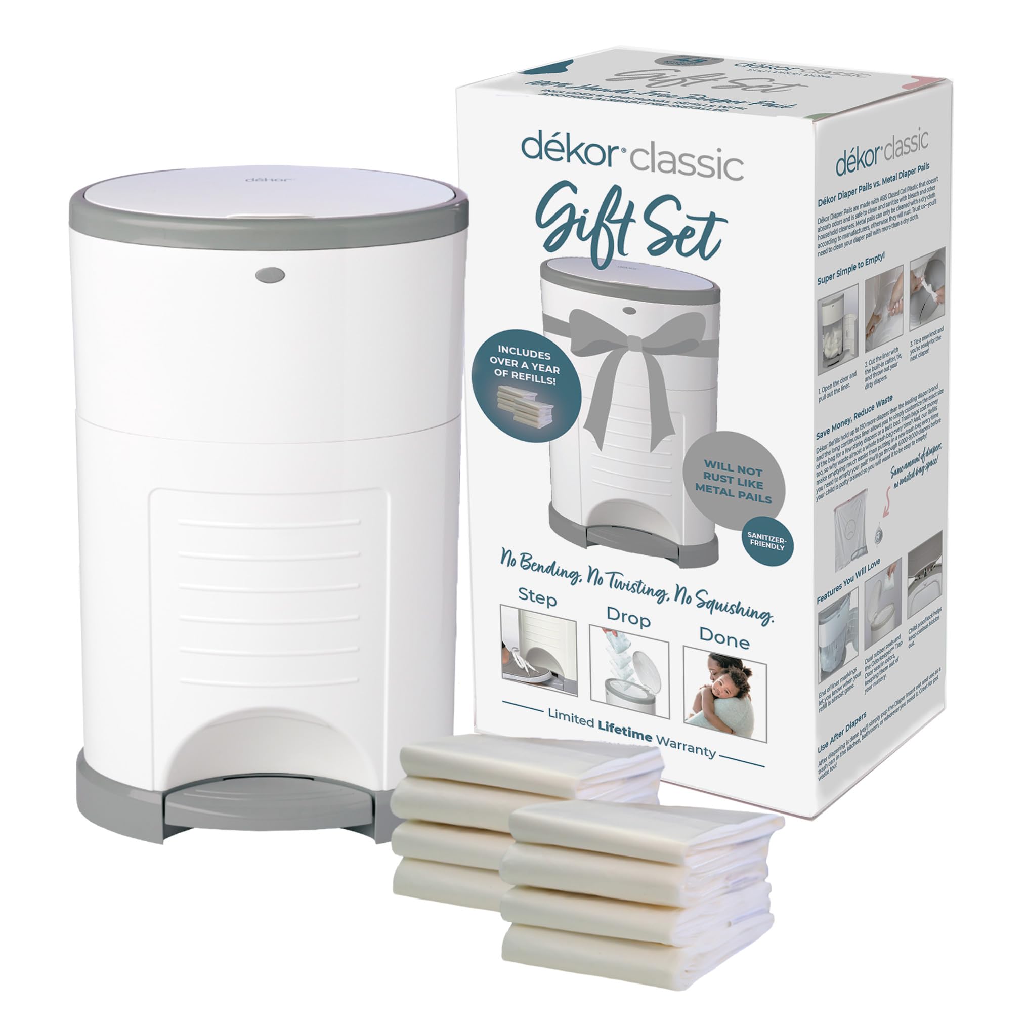 Dékor Classic Diaper Pail Gift Set – White | Comes with Over a Year's Supply Worth of Dékor Refills!