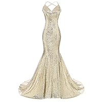 DYS Women's Sequins Mermaid Prom Dress Spaghetti Straps V Neck Backless Gowns Gold US 4