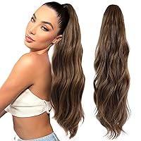 20 inch Ponytail Extensions Drawstring Claw - Clip in Ponytail hair extension Curly Drawstring Ponytail Light Chestnut Brown Curly Wavy body pony tail hair extainson Claw Synthetic Hairpiece