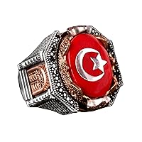 Moon and Star Ring, Turkish Flag Motif Ring, 925 Sterling Silver Men Ring