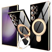 Black Magnetic Case for Galaxy S24 Ultra [Compatible with MagSafe] with Ring Stand [Built-in Camera Lens Protector] Glitter Electroplated Slim Protective Cover, Samsung Galaxy S24 Ultra Case