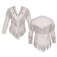 100% Native American Western Women's Suede Leather white Jacket with Fringe & Beaded Work (Free Express Shipping)