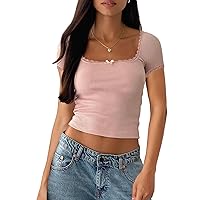 Womens Short Sleeve Square Neck T Shirts Tops Summer Slim Fitted Basic Crop Top Tees