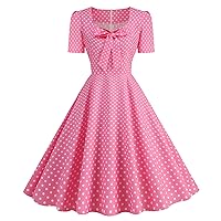 IKADEX Women Vintage 50s 60s Square Neck Bowknot Polka Dot Swing A-line Evening Party Cocktail Dresses