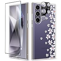 GVIEWIN for Samsung Galaxy S24 Ultra Case with Screen Protector + Camera Protector, [MIL-Grade Drop Protection] Floral Clear Slim Shockproof Phone Cover for Women, Flower Designer (Colchicum/Blue)