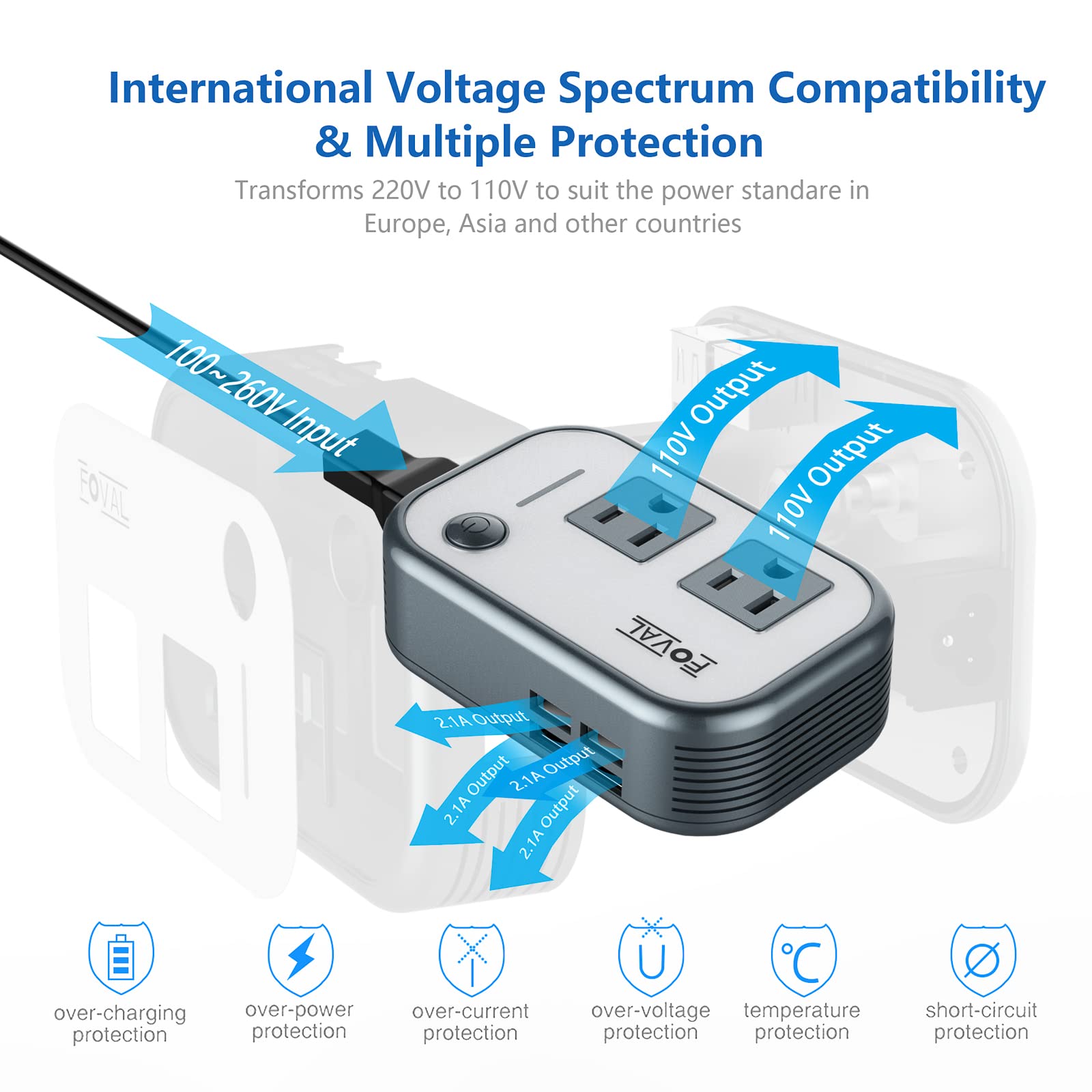 FOVAL Power Step Down 220V to 110V Voltage Converter International Travel Adapter for Hair Straightener/Curling Iron Including US/AU/EU/UK/India Universal Plug Adapter