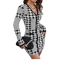 Dresses for Women - Houndstooth Print Button Detail Bodycon Dress