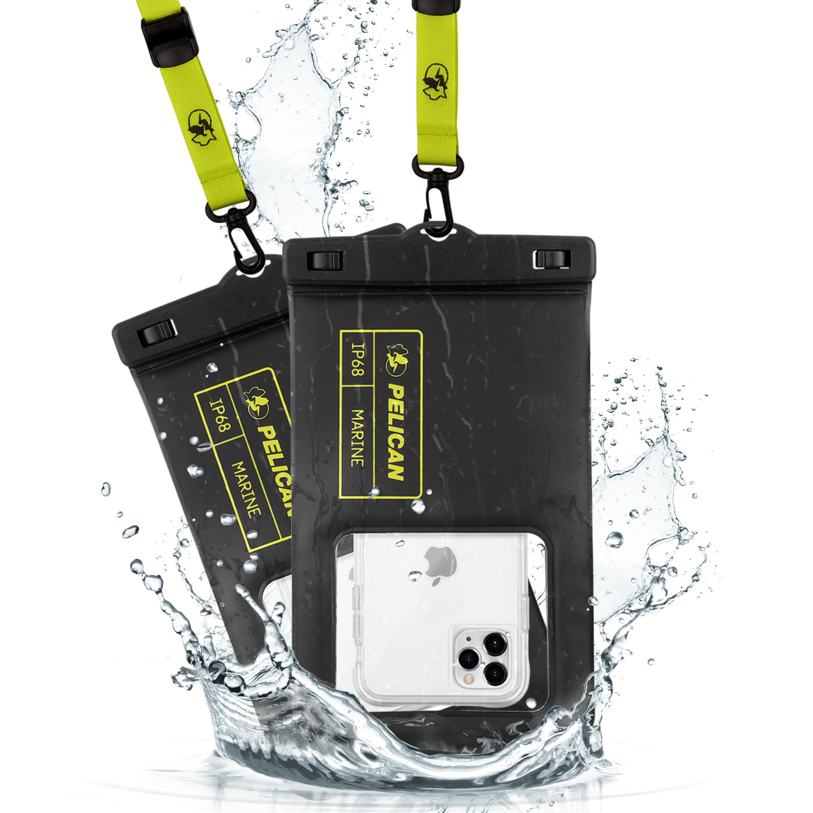 Pelican Marine 2 Pack - IP68 Waterproof Phone Pouch / Case (XL Size) - Floating Phone Case - iPhone 14 Pro Max/ 13 Pro Max/ 12 Pro Max/ 11/ S23 Ultra/ Pixel 7 - Detachable Lanyard - Black/Yellow