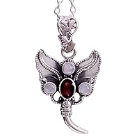 NOVICA Handmade .925 Sterling Silver Rainbow Moonstone Garnet Pendant Necklace Butterfly with Clear Red India Animal Themed Birthstone 'Butterfly Triumph'