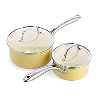 GreenLife Artisan Healthy Ceramic Nonstick, 1QT and 2QT Saucepan Pot Set with Lids, Stainless Steel Handle, Induction, PFAS-Free, Dishwasher Safe, Oven Safe, Yellow