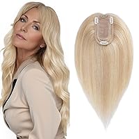 SEGO Real Human Hair Topper for Women, No Bangs Hair Topper with Anti-Slip Clips (16 Inches Ash Blonde Mix Bleach Blonde)